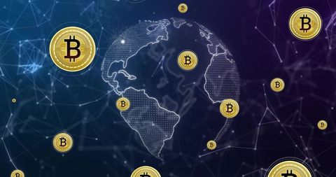 Global Bitcoin Network Over Digital Globe with Floating Coins and Blockchain Technology