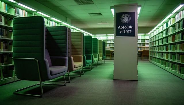 University library aisle with absolute silence sign and private study pods for focus