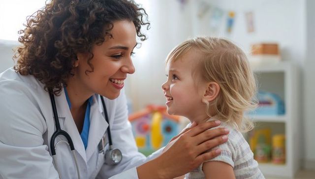 Smiling female pediatrician examining toddler during routine checkup in bright clinic room