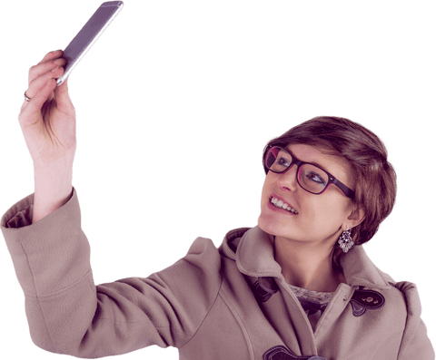Stylish Woman in Winter Coat Taking Selfie with Smartphone, Transparent Background