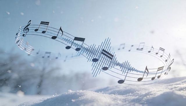 Floating musical staff looping above snowy landscape with waveform, black notes, winter