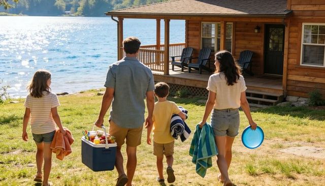 Family walking to lakeside cabin carrying cooler and frisbee on sunny summer day
