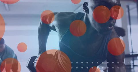 African American Man Performing Dumbbell Row with Creative Abstract Designs