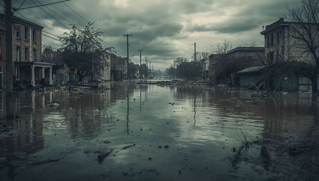 Deserted flooded street under gloomy sky