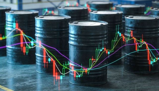 Oil barrel with candlestick overlay representing commodities volatility and energy trading
