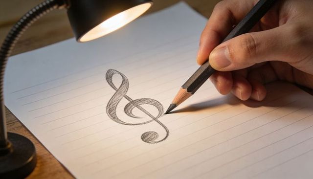 Sketching treble clef with graphite pencil on lined notebook page under warm desk lamp