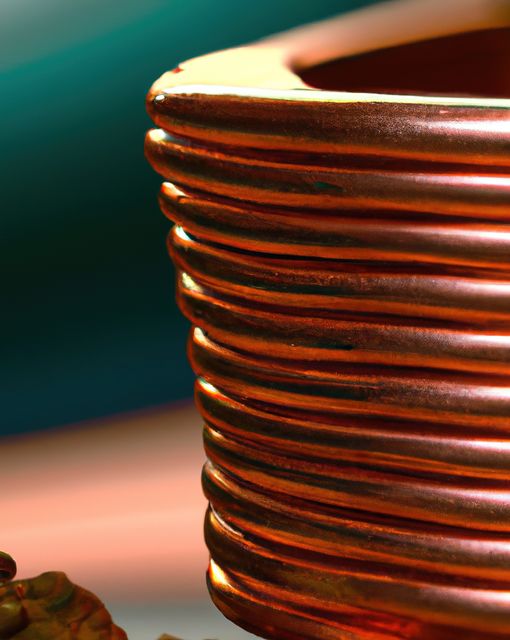 Close-up of a copper coil showcasing its detailed winding. Ideal for use in industrial publications, engineering websites, and materials science presentations to illustrate concepts of metallurgy and mechanical design.