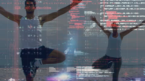 Fitness Animation: Couple Exercising with Digital Data Overlay