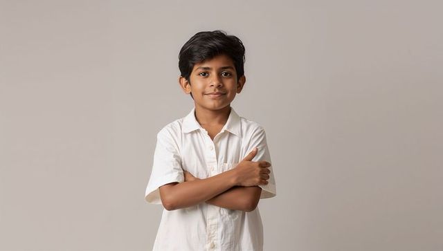 Confident young boy standing with arms crossed in white shirt against neutral background