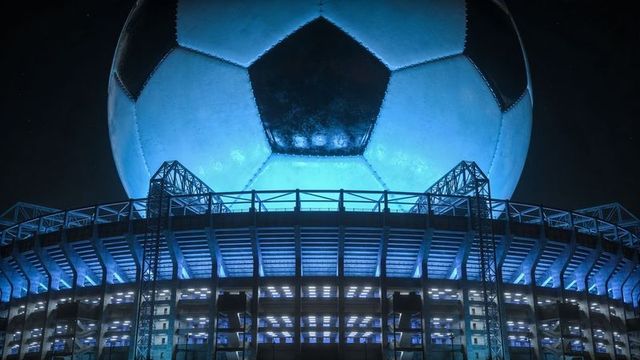 Giant glowing soccer ball hovering above illuminated stadium at night, sports spectacle