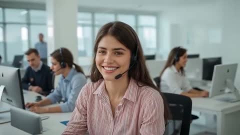 Smiling Customer Service Representative in Modern Office Environment