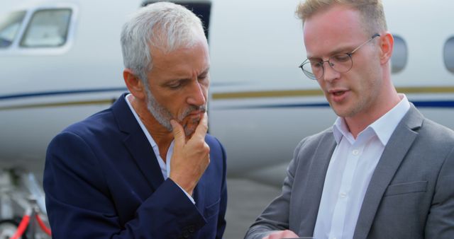 Business Professionals Discussing Near Private Jet in Airfield - Download Free Stock Images Pikwizard.com