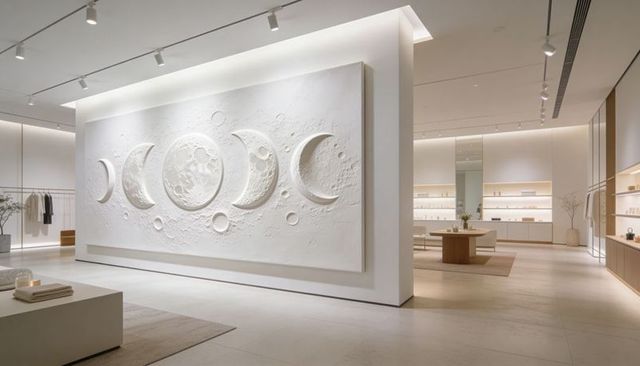Lunar phases plaster wall relief in minimalist boutique with warm wood display table