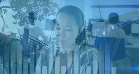 Businesswoman Interacting with Financial Data over Cityscape Composite