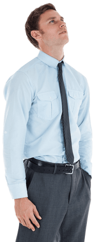 Confident Businessman in Blue Shirt and Tie Looking Up Transparent Background