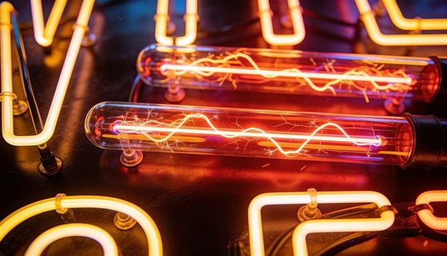 Retro neon glass plasma tube glowing orange-pink on dark industrial sign panel with sparks