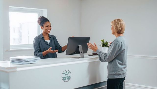 Smiling african american receptionist greeting visitor at bright medical front desk