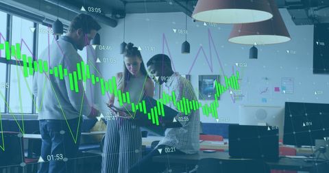 Team collaboration and digital growth with financial graphs
