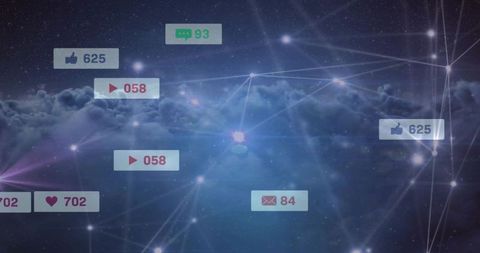 Pulsing central network node over cloud with floating notification badges and mesh grid