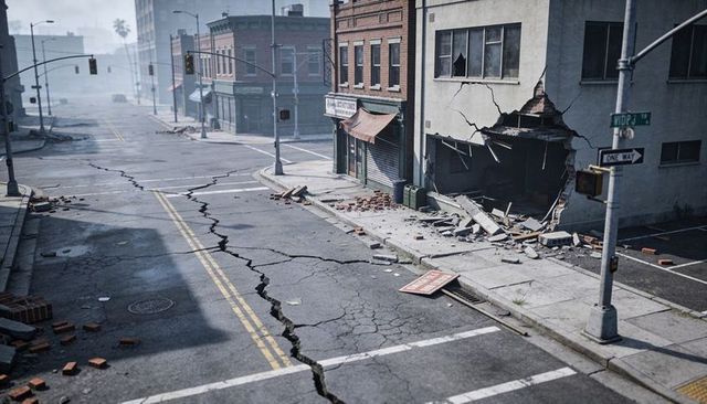 Urban earthquake damage showing cracked asphalt and collapsed building facade at intersection