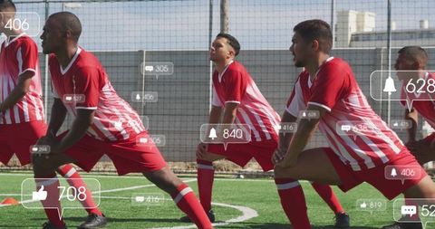 Soccer Players Stretching with Digital Engagement Icons Conceptualizing Online Growth