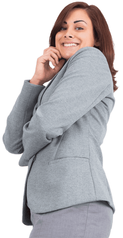 Joyful Hispanic Businesswoman in Grey Suit on Transparent Background