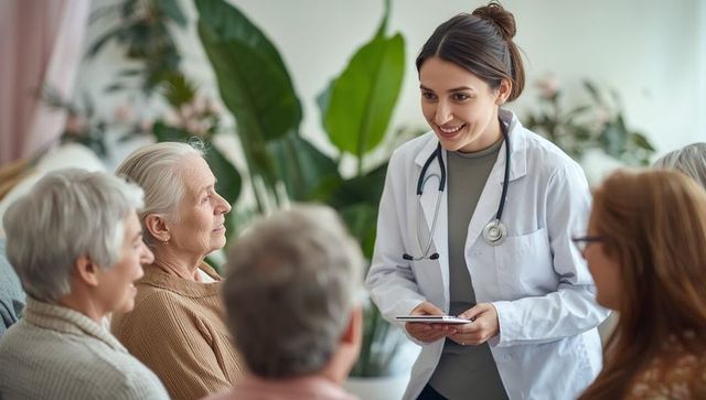 Doctor consulting senior group meeting for health discussion