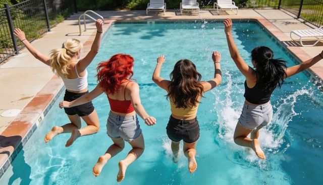 Four friends jumping into backyard pool splashing in crop tops and denim shorts