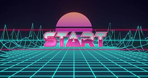 Retro futuristic start screen with grid and neon sun