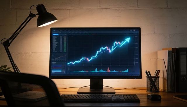 Home monitor showing upward candlestick chart with glowing arrow indicating bullish trend