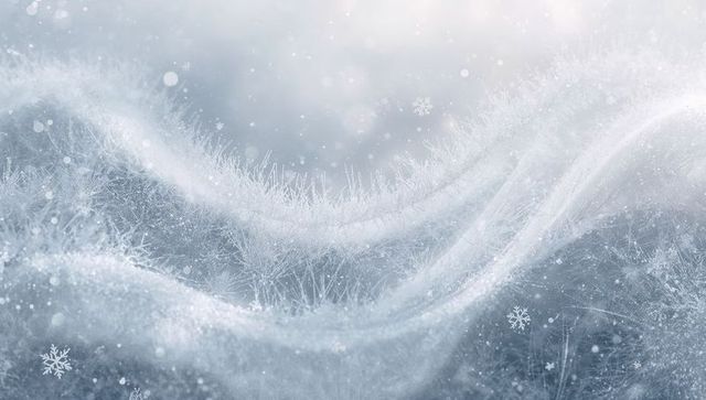 Macro hoarfrost waves with ice crystals and falling snowflakes winter texture background