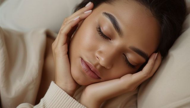 Serene resting woman cradling face on pillow, closeup beauty portrait in soft light