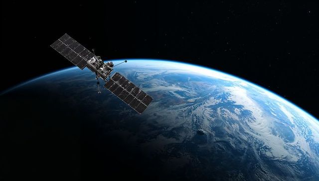 High-Detail Satellite Orbiting Earth with Twin Solar Arrays above Blue Atmospheric Glow