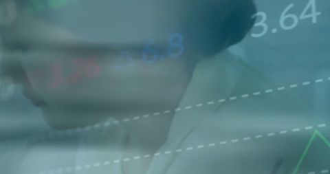 Businesswoman analyzing stock market trends with graphs overlay