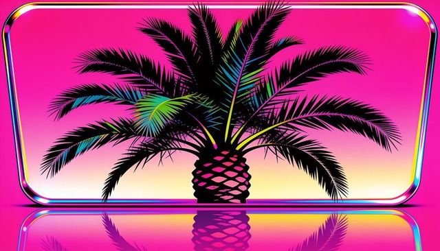 Neon vaporwave palm silhouette with chrome frame, reflective gradient and futuristic glow