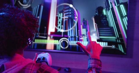 Gamer Engaged in Immersive Futuristic Virtual Reality