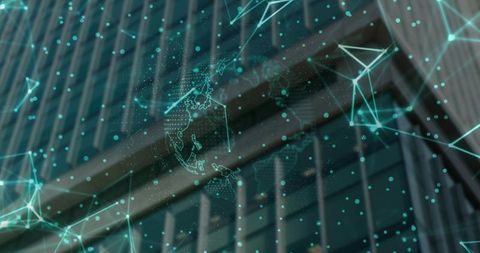 Futuristic Digital Network Overlay on Urban Office Building