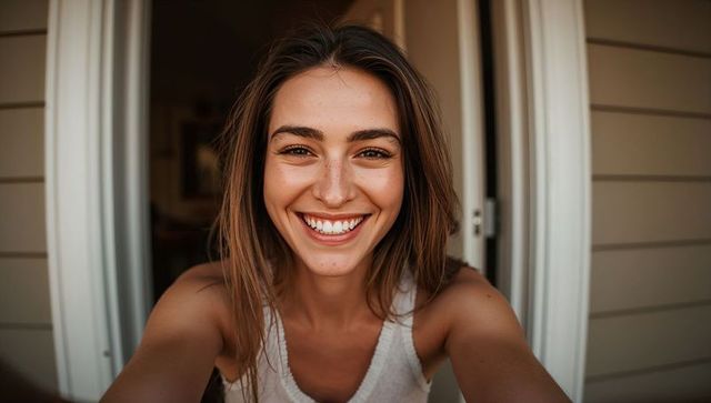 Smiling young woman taking selfie in doorway wearing white tank top, natural candid portrait