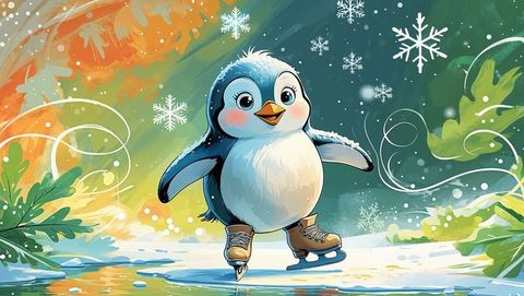 Whimsical Penguin Ice Skating Amid Winter Wonderland