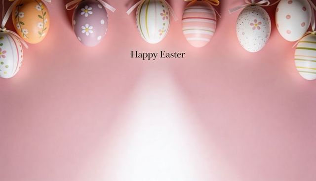 Pastel hanging easter eggs with ribbons spotlighted happy easter copy space flatlay banner