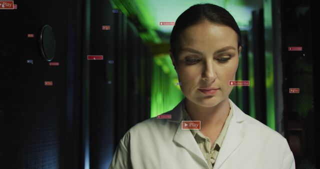 Female Scientist in Data Center Surrounded by Virtual Audio-Visual Icons - Download Free Stock Images Pikwizard.com