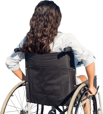 Back view of caucasian woman in wheelchair with transparent background