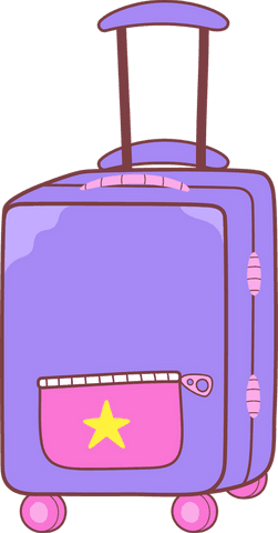 Purple suitcase with star pocket and pink wheels on transparent background
