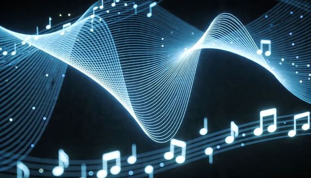 Glowing Waveform Flowing Through Floating Musical Notes Neon Digital Music Visualization