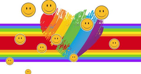 Rainbow heart with smiley emojis celebrating pride