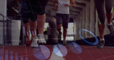 Indoor runners pounding track with overlaid fitness analytics, motion blur and sports tech