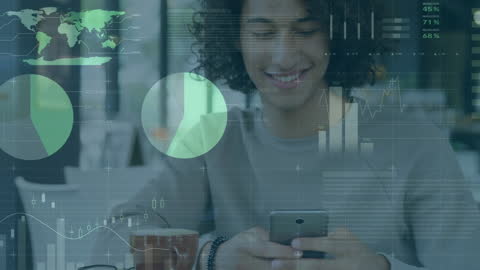 Young Professional Using Smartphone with Financial Data Overlay