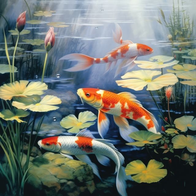 Ideal for nature-themed decor, garden planning resources, meditative visuals, or educational materials on aquatic life. The serene scene showcases colorful koi swimming among lily pads, bathed in sunlight.