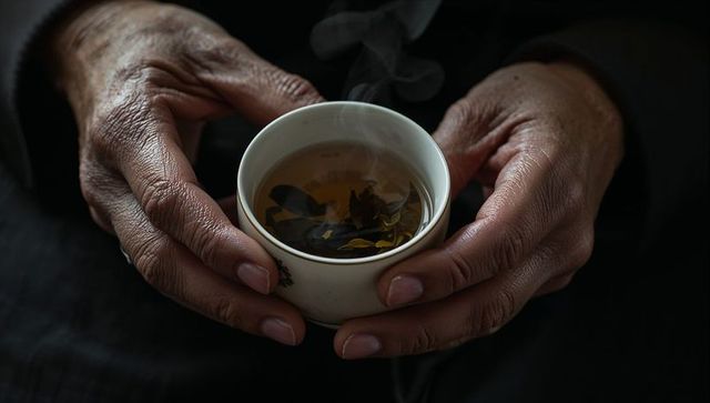Elderly hands cradling steaming cup of loose leaf tea in low light, warmth and comfort