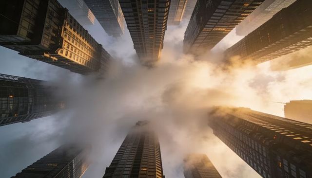 Converging glass skyscrapers framing misty central column with golden sunlight rays